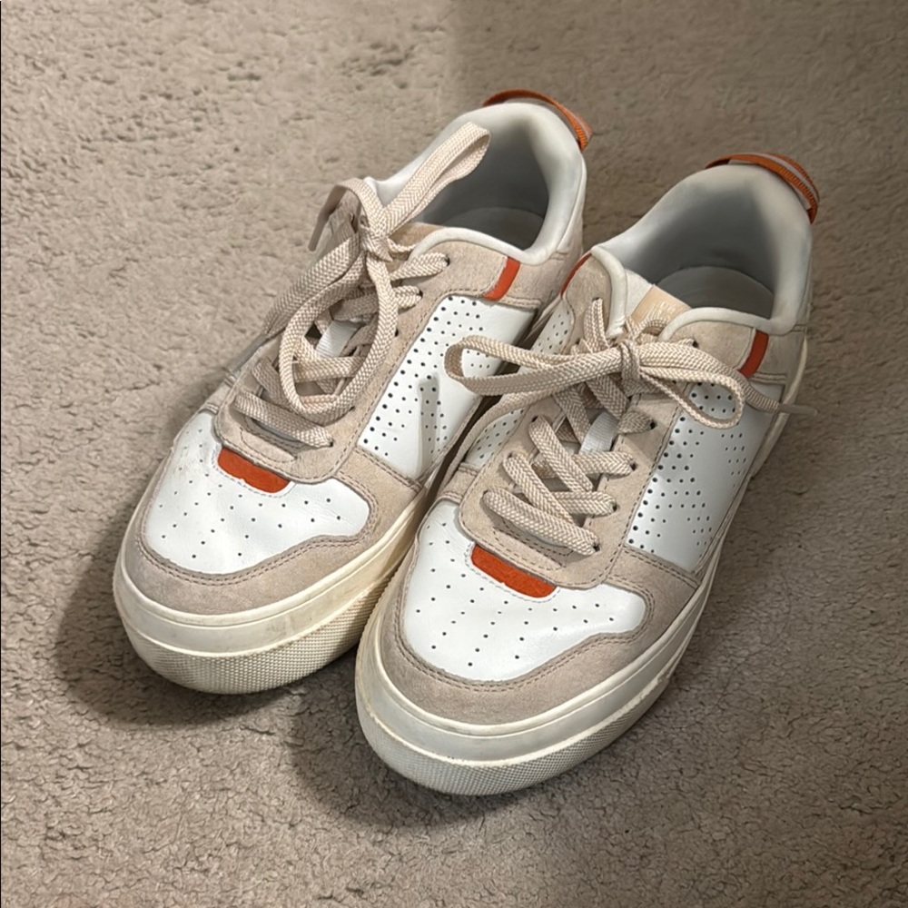 Le Tigre White and Beige Sneakers with Orange Accents